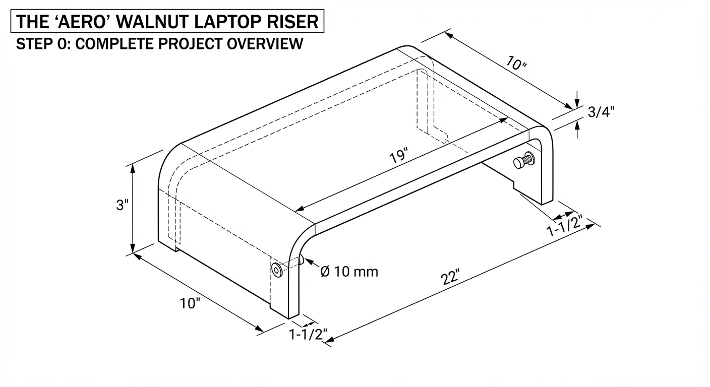 Minimalist laptop stand with integrated cable management and ventilation slots