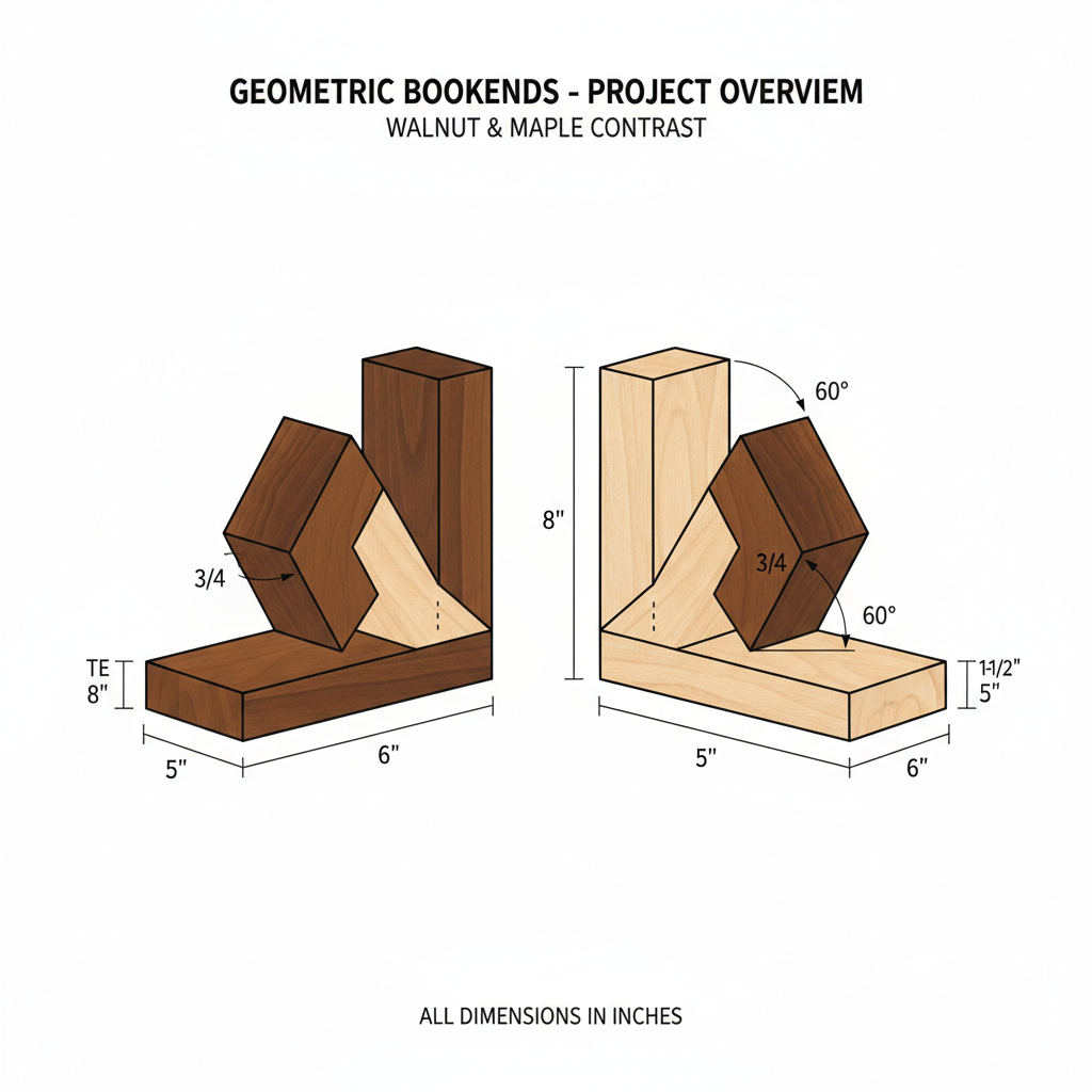 Geometric bookends with contrasting walnut and maple woods