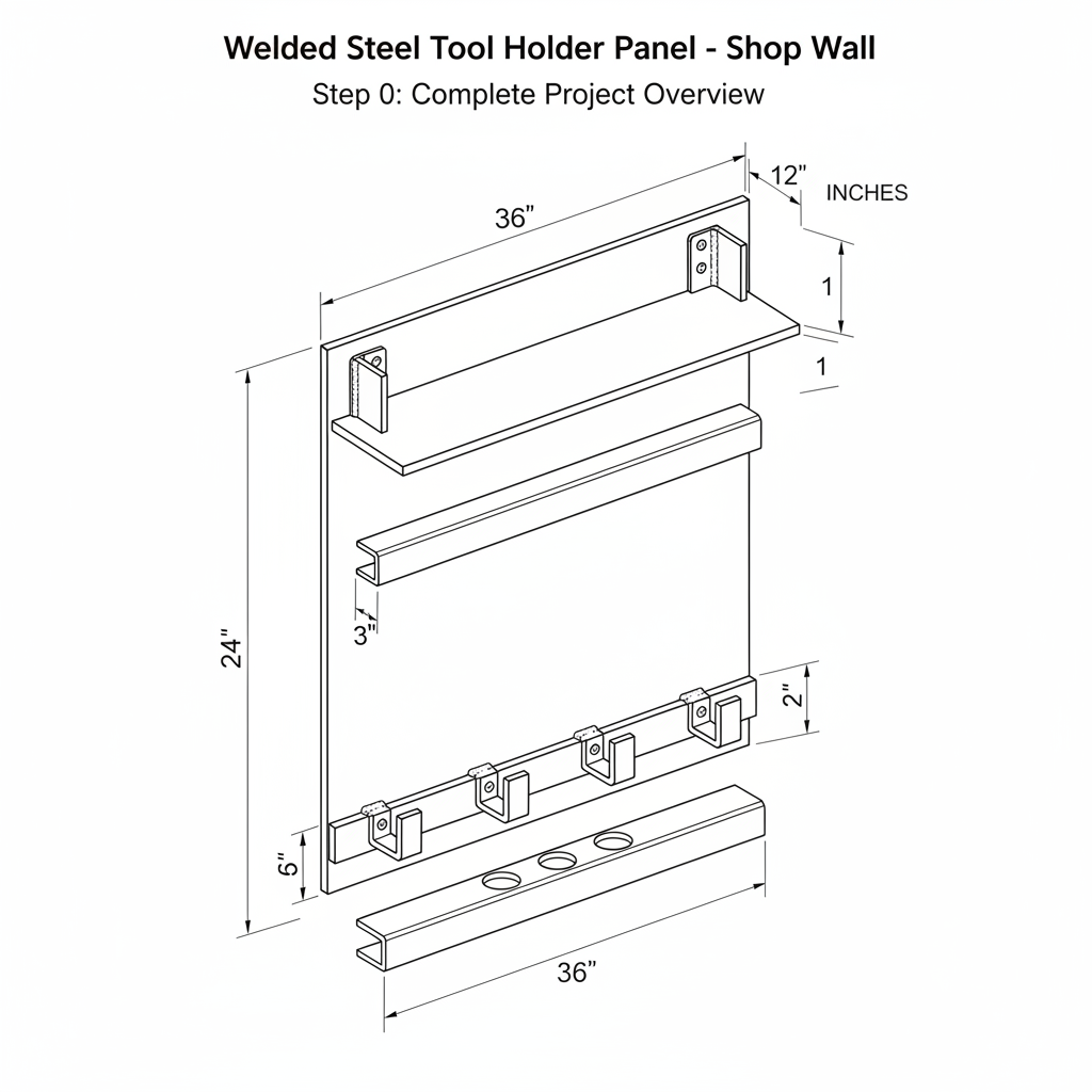 Welded steel tool holder panel for shop wall