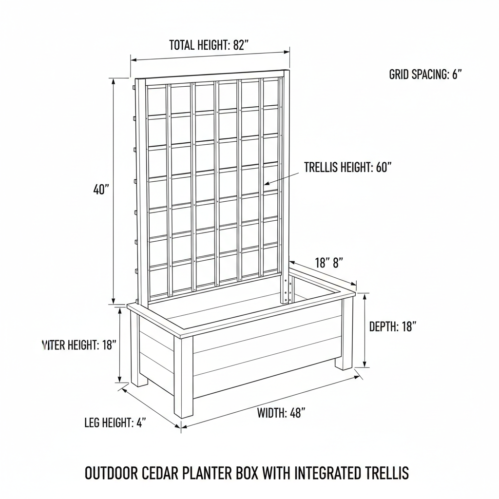 Outdoor cedar planter box with integrated trellis for climbing plants