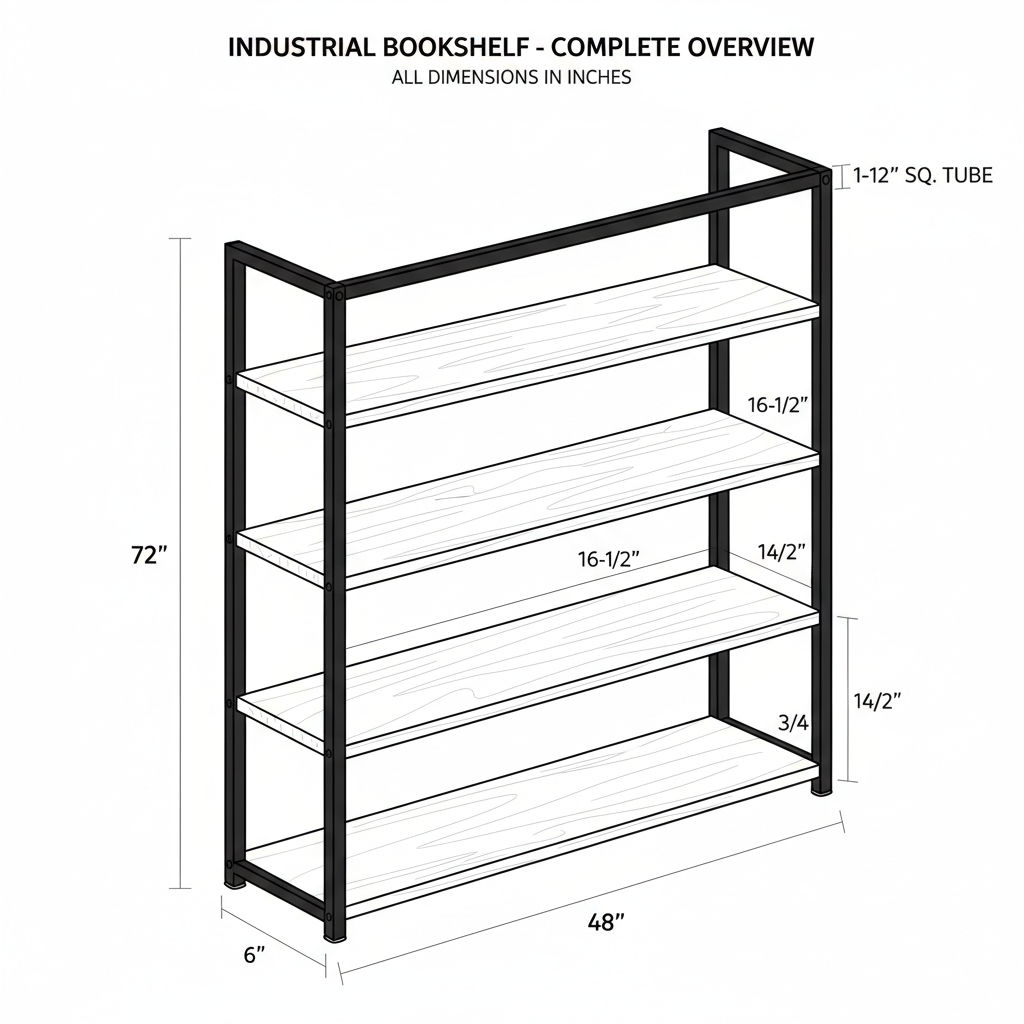 Industrial bookshelf with welded steel frame and wood shelves