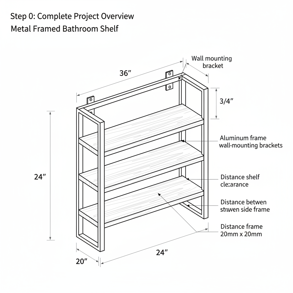 Metal framed bathroom shelf with wood shelving