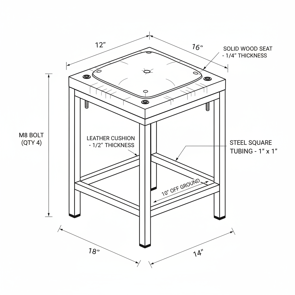 Workshop stool combining wood seat, metal frame, and leather padding