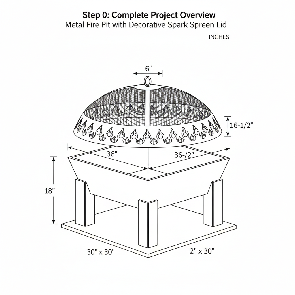 Metal fire pit with decorative spark screen lid