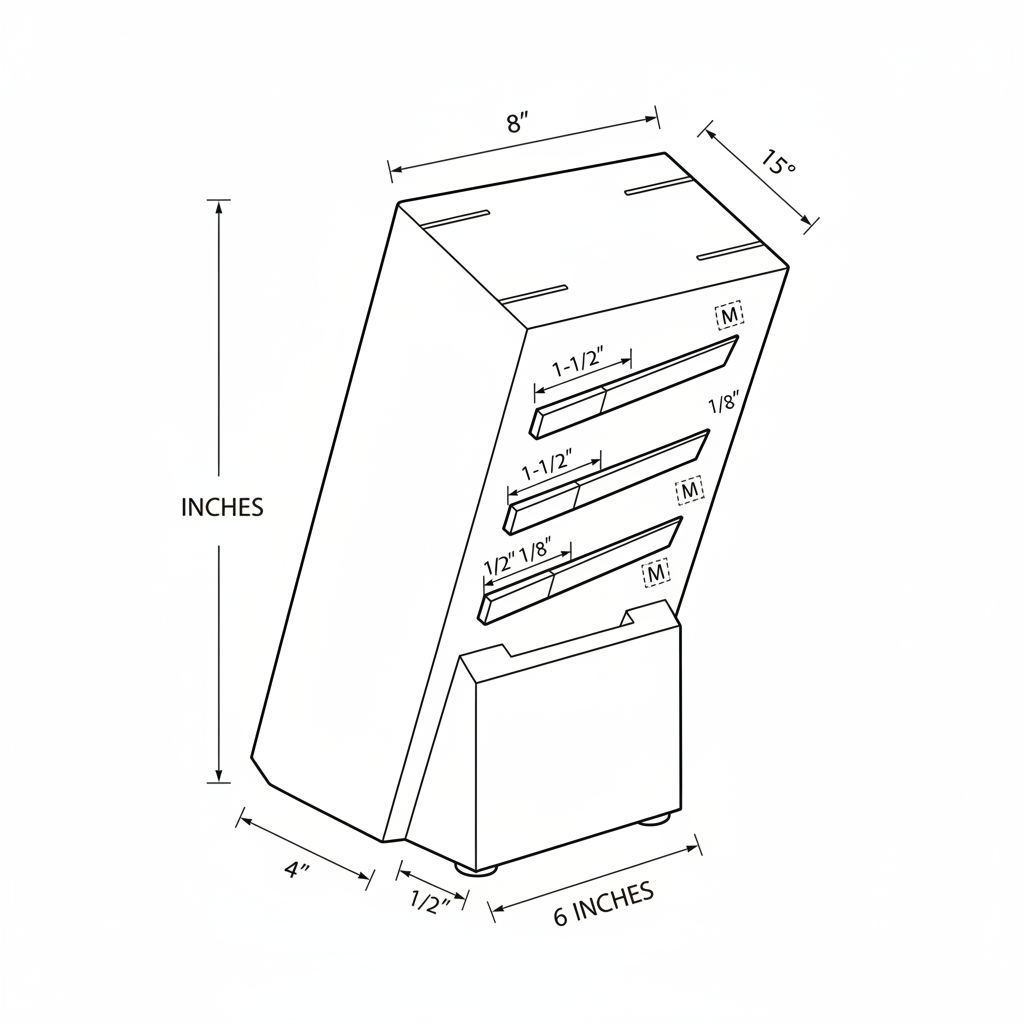 Wooden knife block with angled magnetic slots for kitchen knives