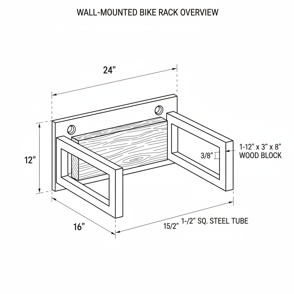 Wall-mounted bike rack from steel tubing with wood accent