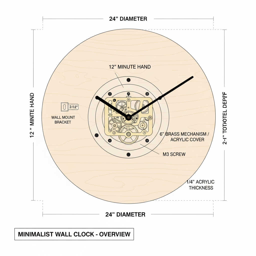 Minimalist wall clock with exposed brass clockwork mechanism