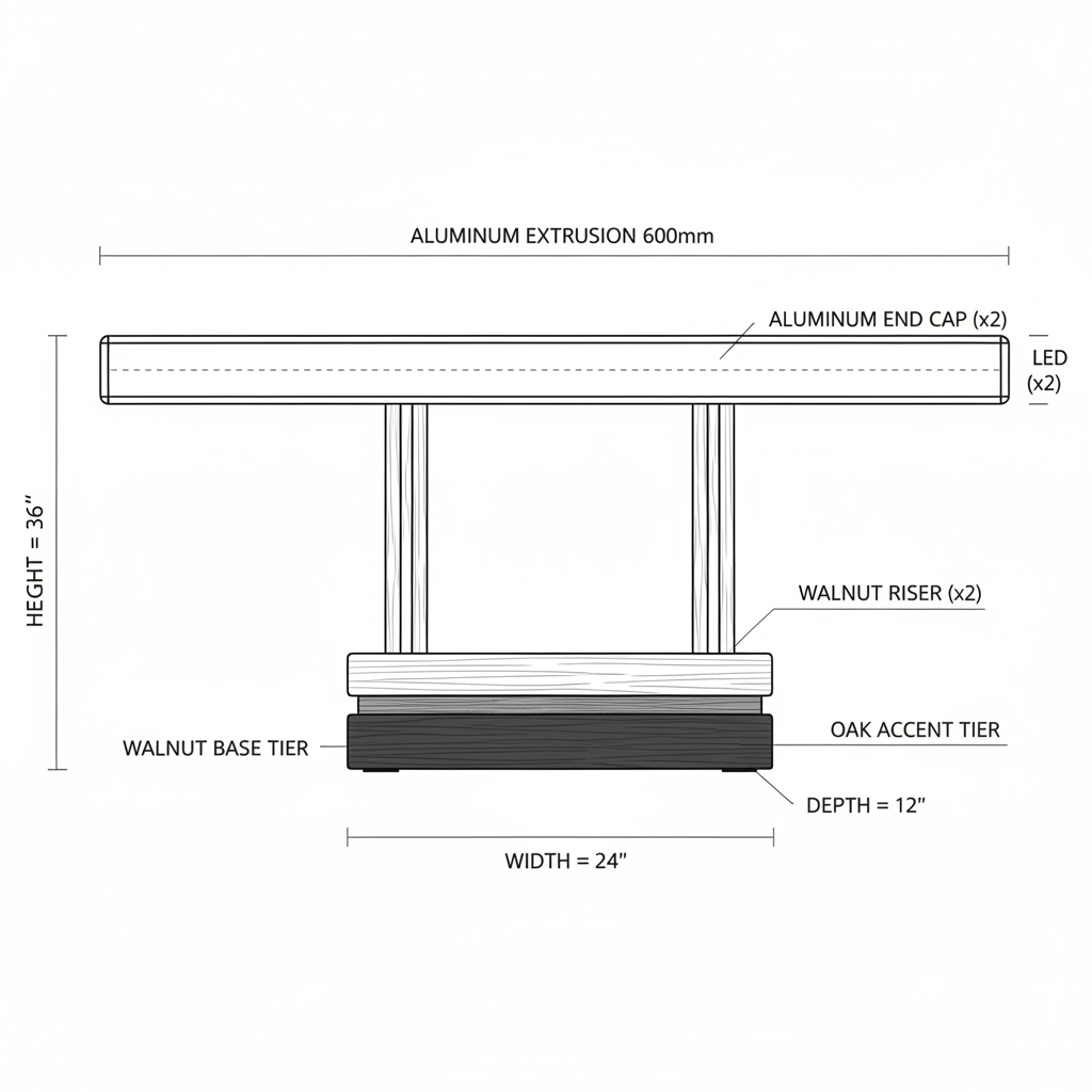 Industrial Linear Desk Lamp: A linear desk lamp where the aluminum extrusion houses an LED strip, supported by a tiered walnut and oak base for a clean, architectural look.
