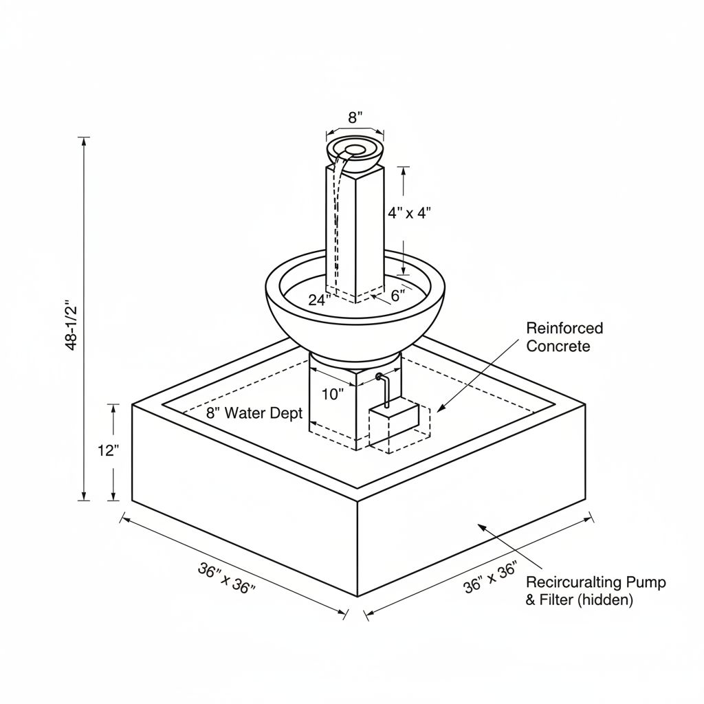 Concrete outdoor fountain with recirculating pump