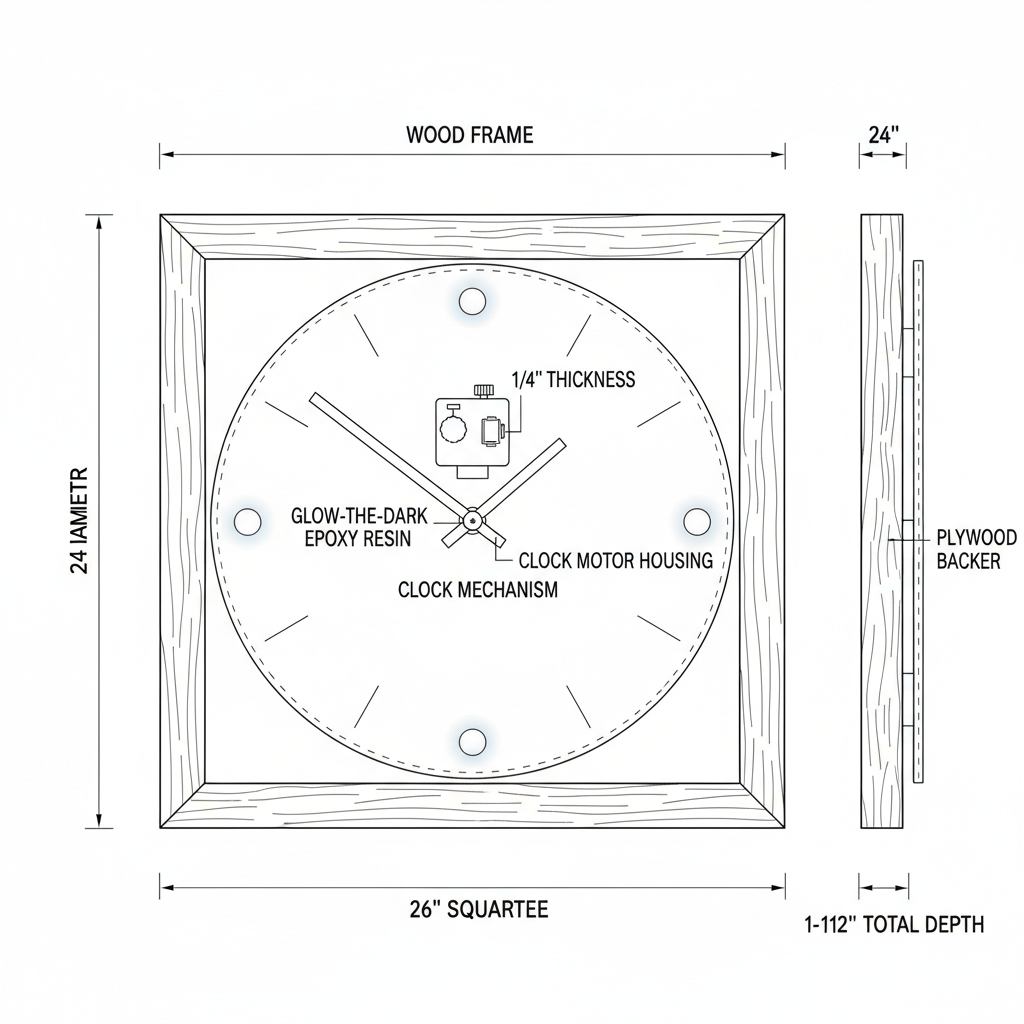 Glow-in-the-dark epoxy clock face with wood frame