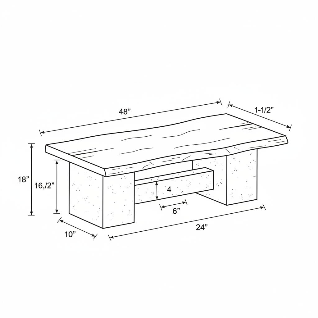 Coffee table with cast concrete base and live edge top