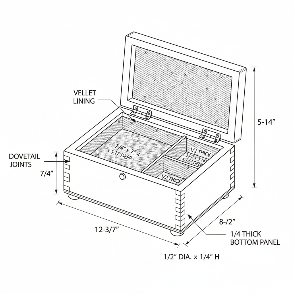 Dovetailed jewelry box with velvet-lined compartments