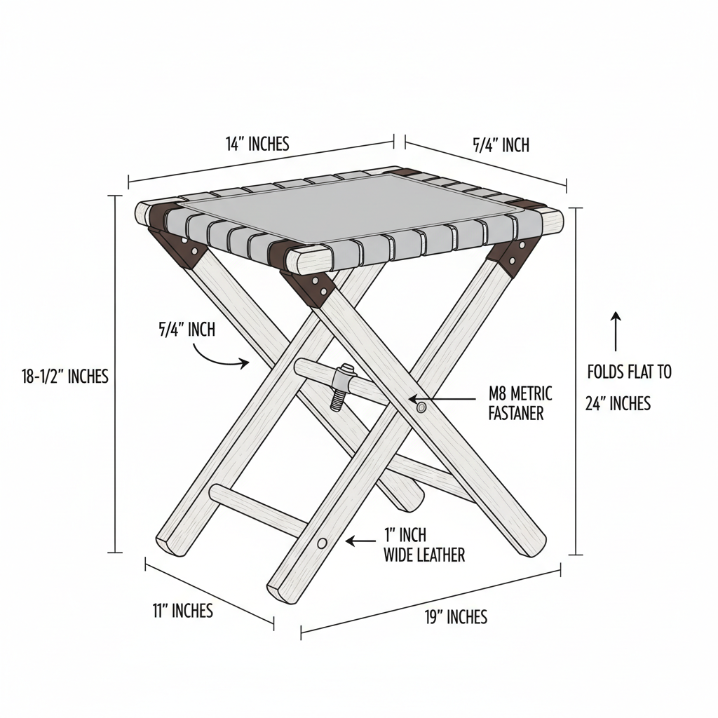 Folding camp stool with canvas seat and leather accents