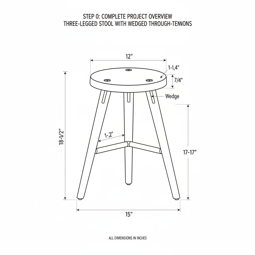 Three-legged stool with wedged through-tenons