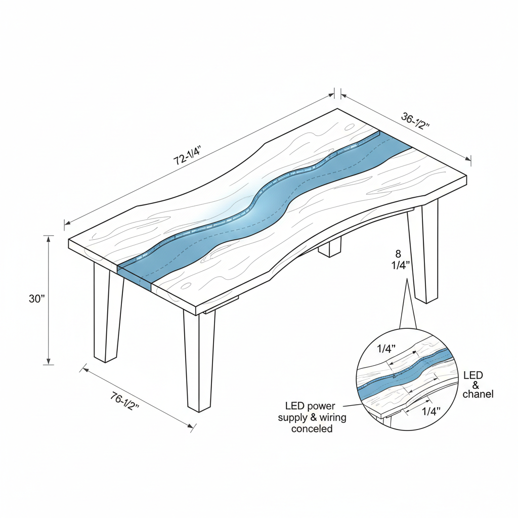 River table with LED strip lighting in blue epoxy channel