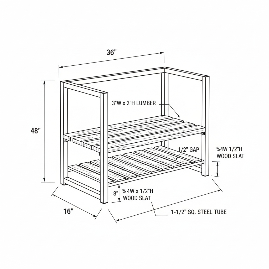 Steel and wood firewood rack with kindling shelf