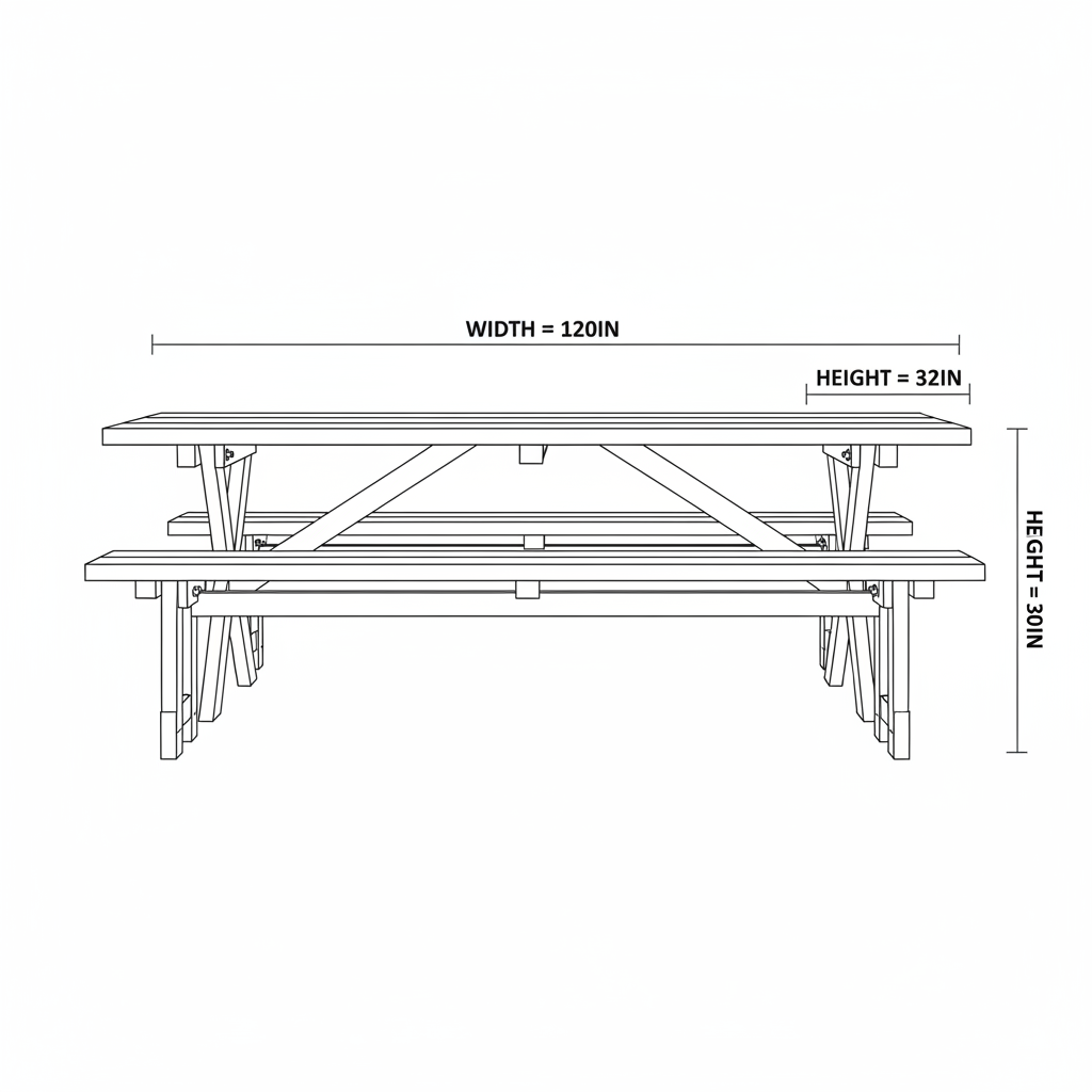 A large outdoor dining table, picnic table style with two long benches for