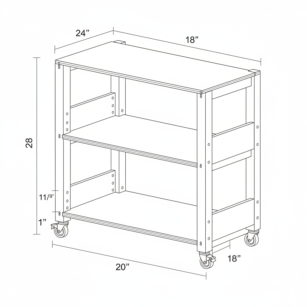 A three level shelf almost like a rack to house three UPS battery backup units. On wheels. Open on all sides especially front and back for ventilation