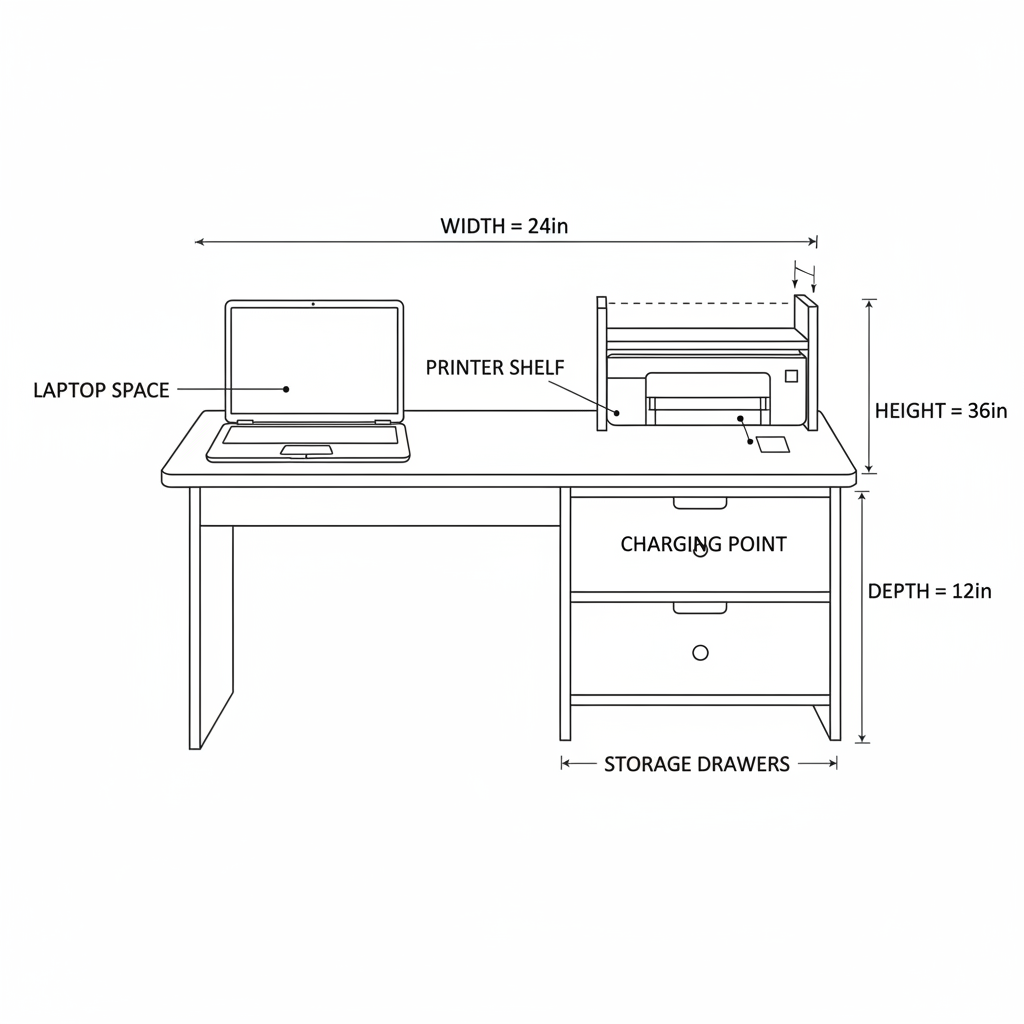 Kid study table with space for laptop, printer, charging point, drawers to keep