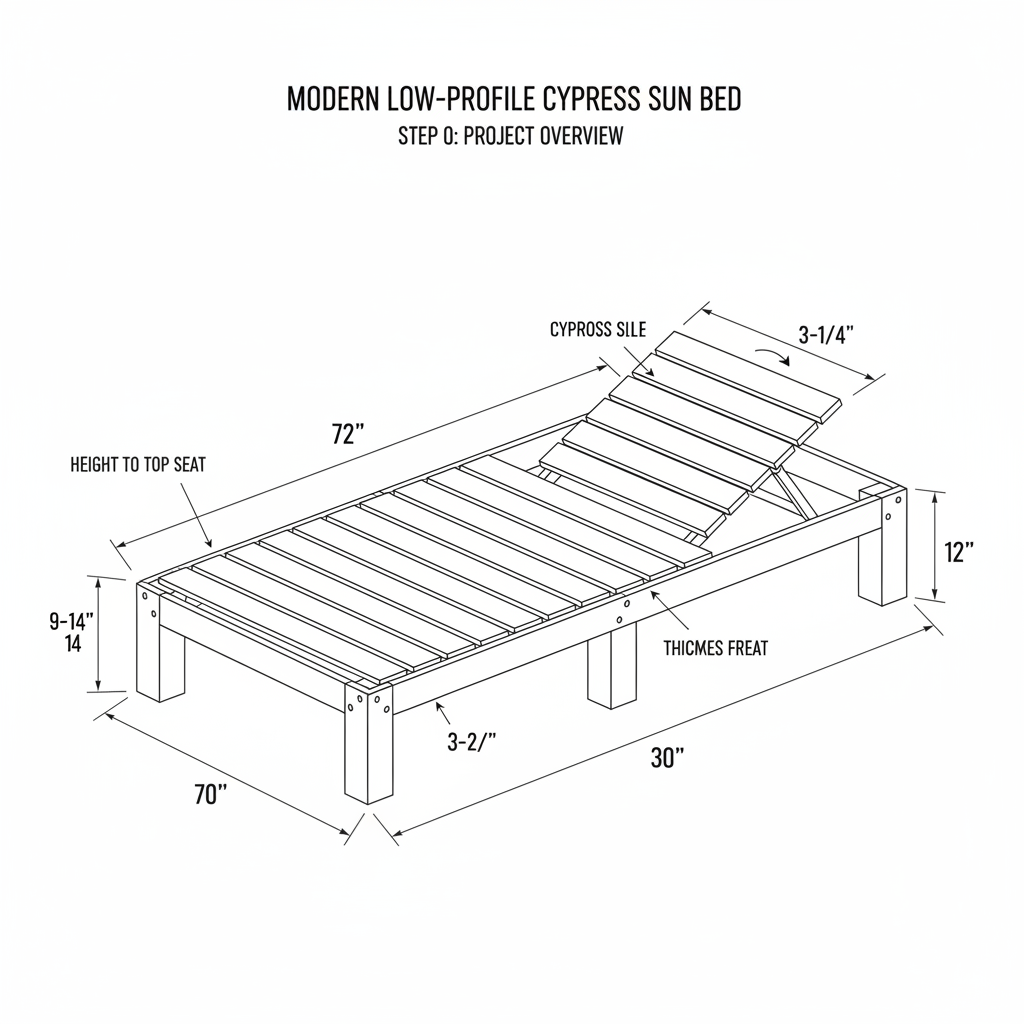 A simple modern sun bed built from 4 inch wide Cypress frame and 4x4 Cypress