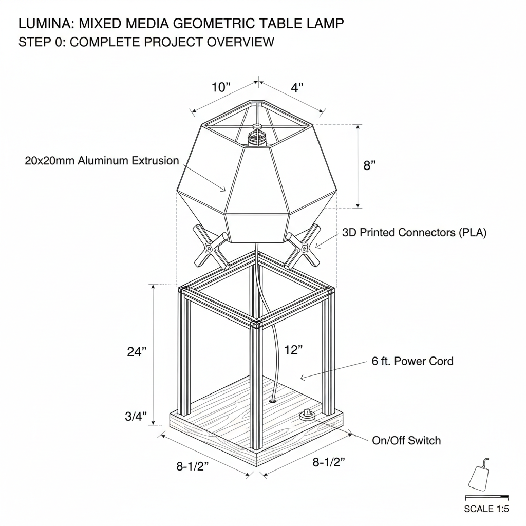 Mixed media lamp with wood base and 3D printed geometric shade