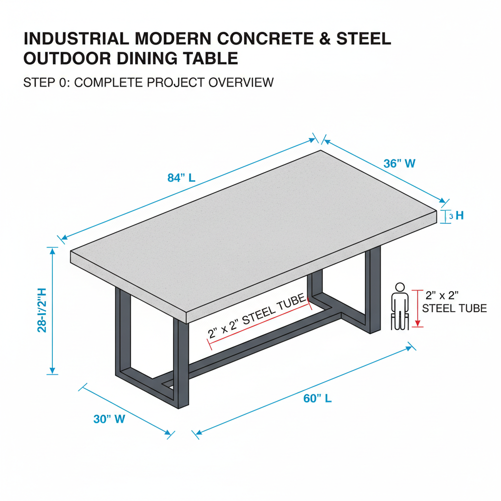 Steel frame outdoor dining table with concrete top
