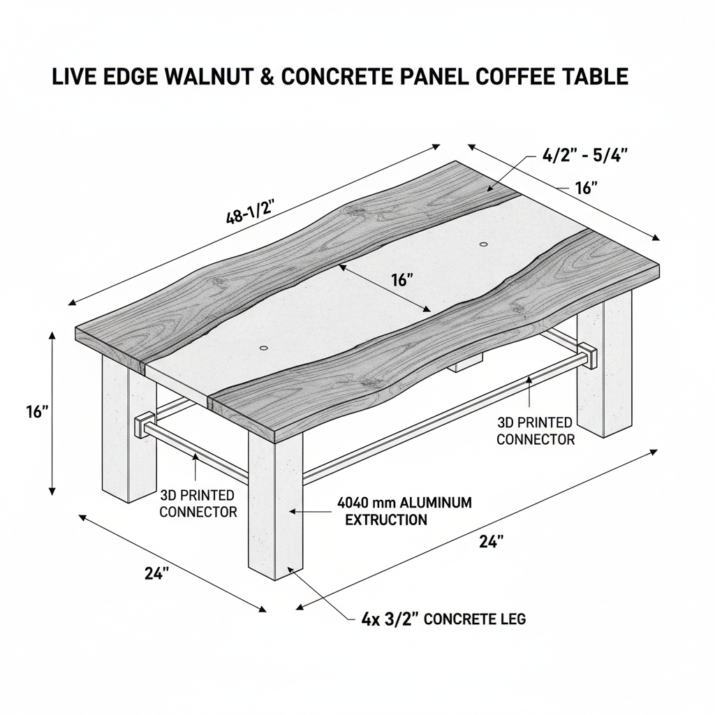 Coffee table with cast concrete base and live edge top