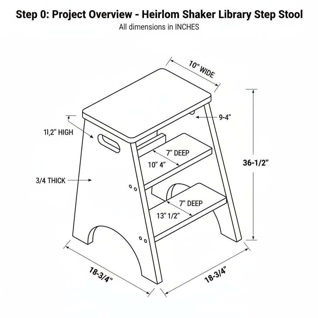 Shaker-style step stool with tapered legs and traditional joinery