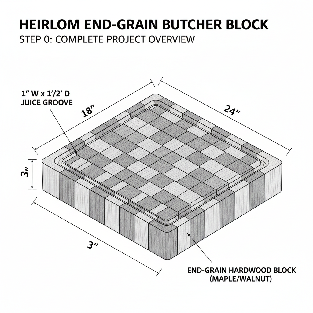 Wooden serving board with carved juice groove, end-grain construction