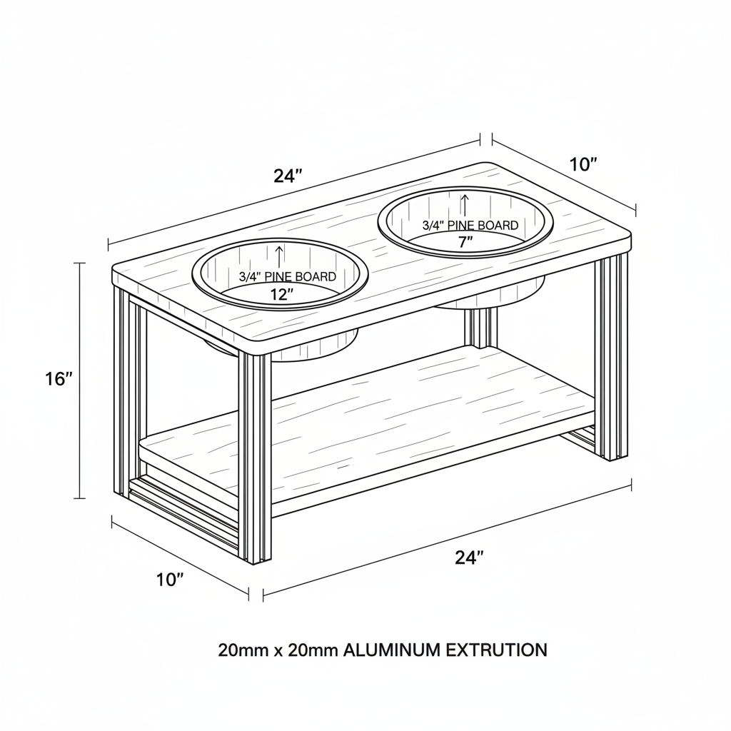 Pet feeding station with metal frame and wood bowls