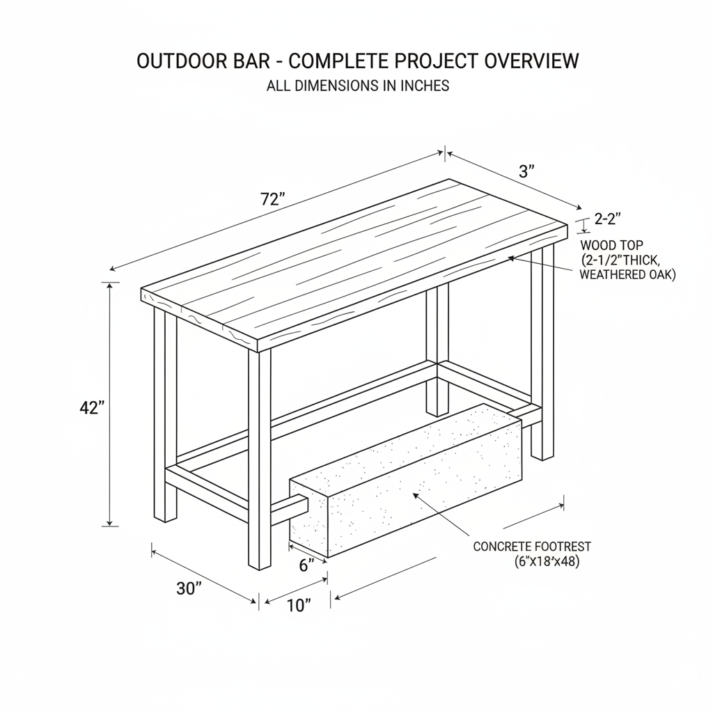 Outdoor bar combining steel frame, wood top, and concrete footrest