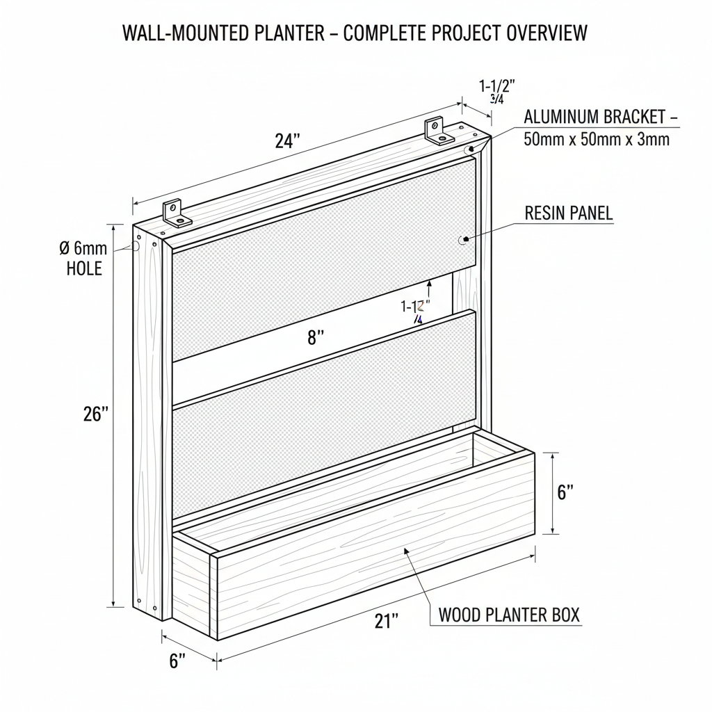 Wall-mounted planter with wood frame and resin accents