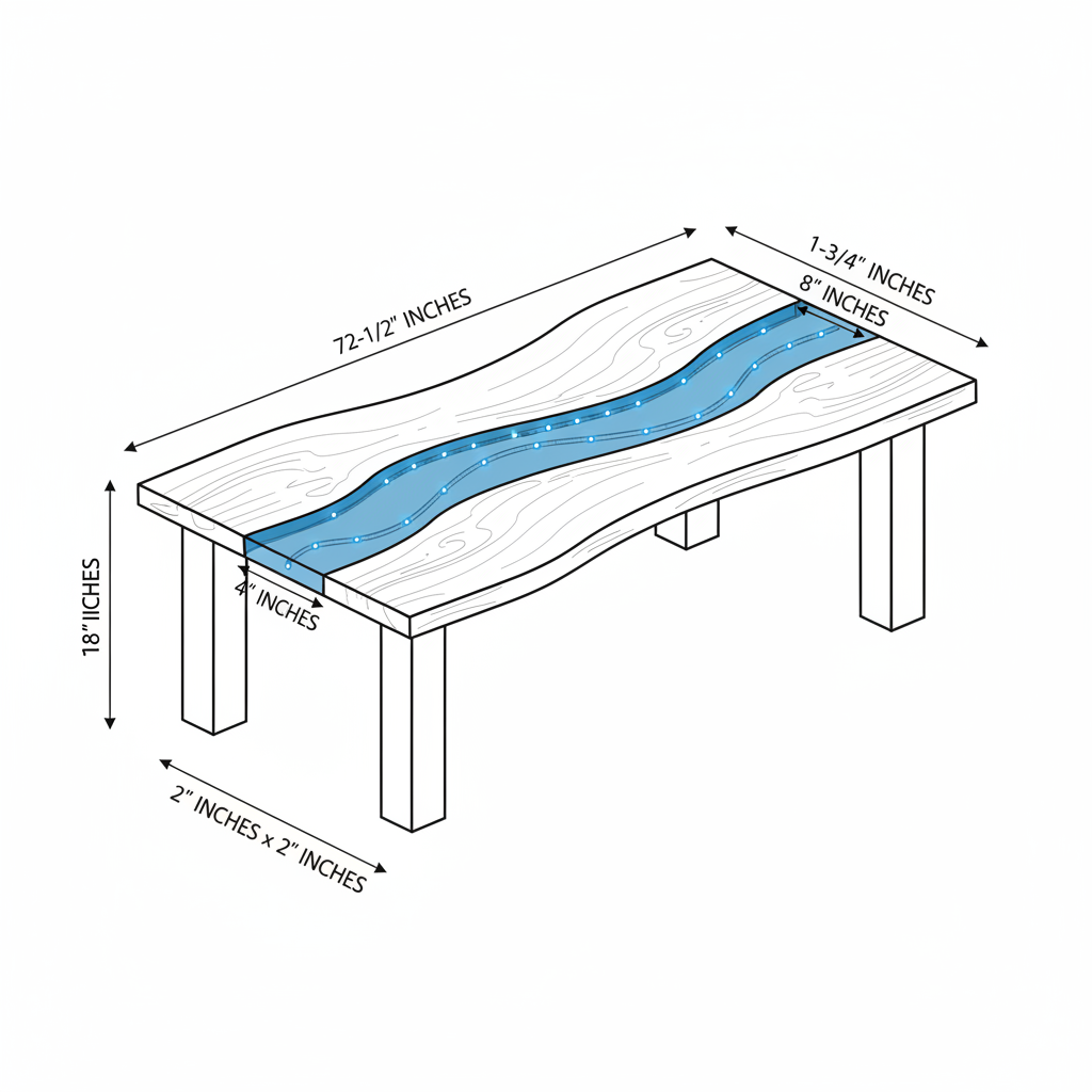 River table with LED strip lighting in blue epoxy channel