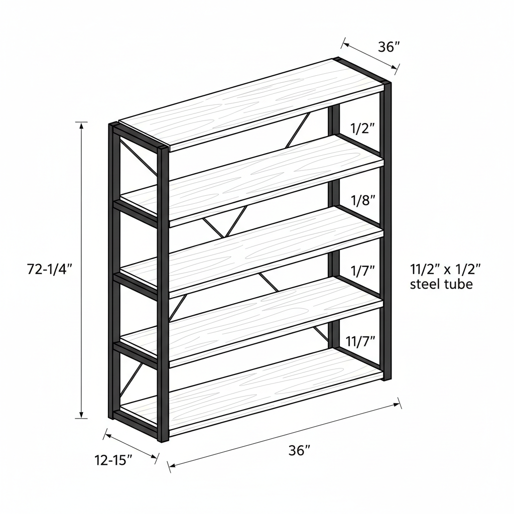 Industrial bookshelf with welded steel frame and wood shelves