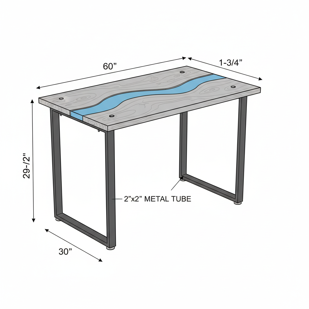 Desk with metal frame legs and epoxy river surface