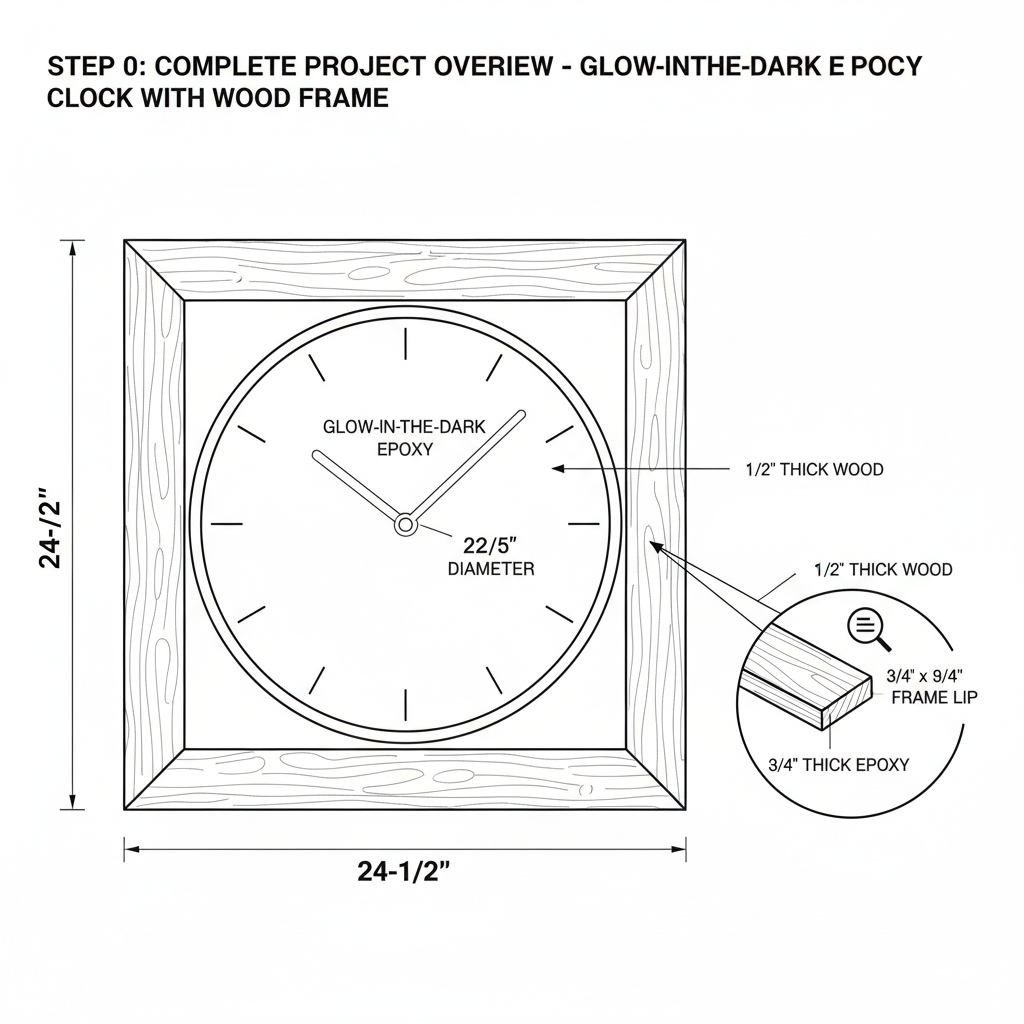 Glow-in-the-dark epoxy clock face with wood frame