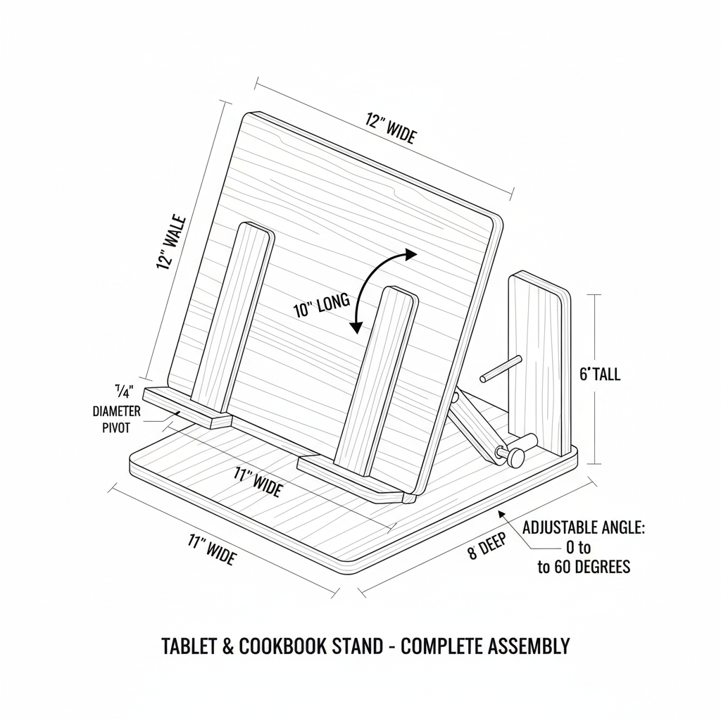 Tablet and cookbook stand with adjustable angle mechanism