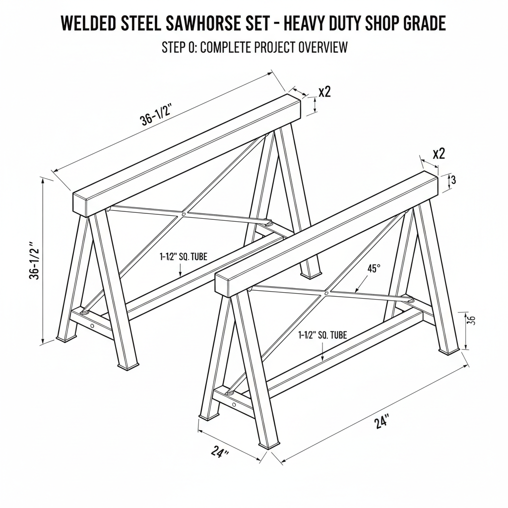 Welded steel sawhorse set - heavy duty shop grade