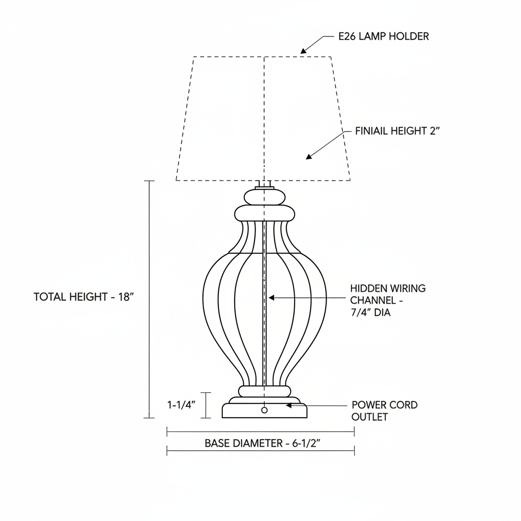 Turned wooden lamp base with hidden wiring channel