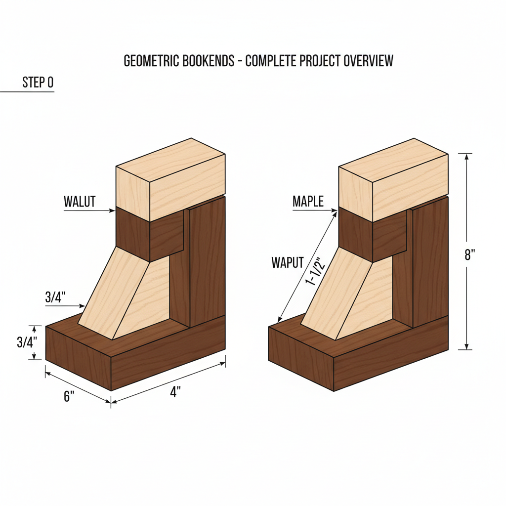 Geometric bookends with contrasting walnut and maple woods