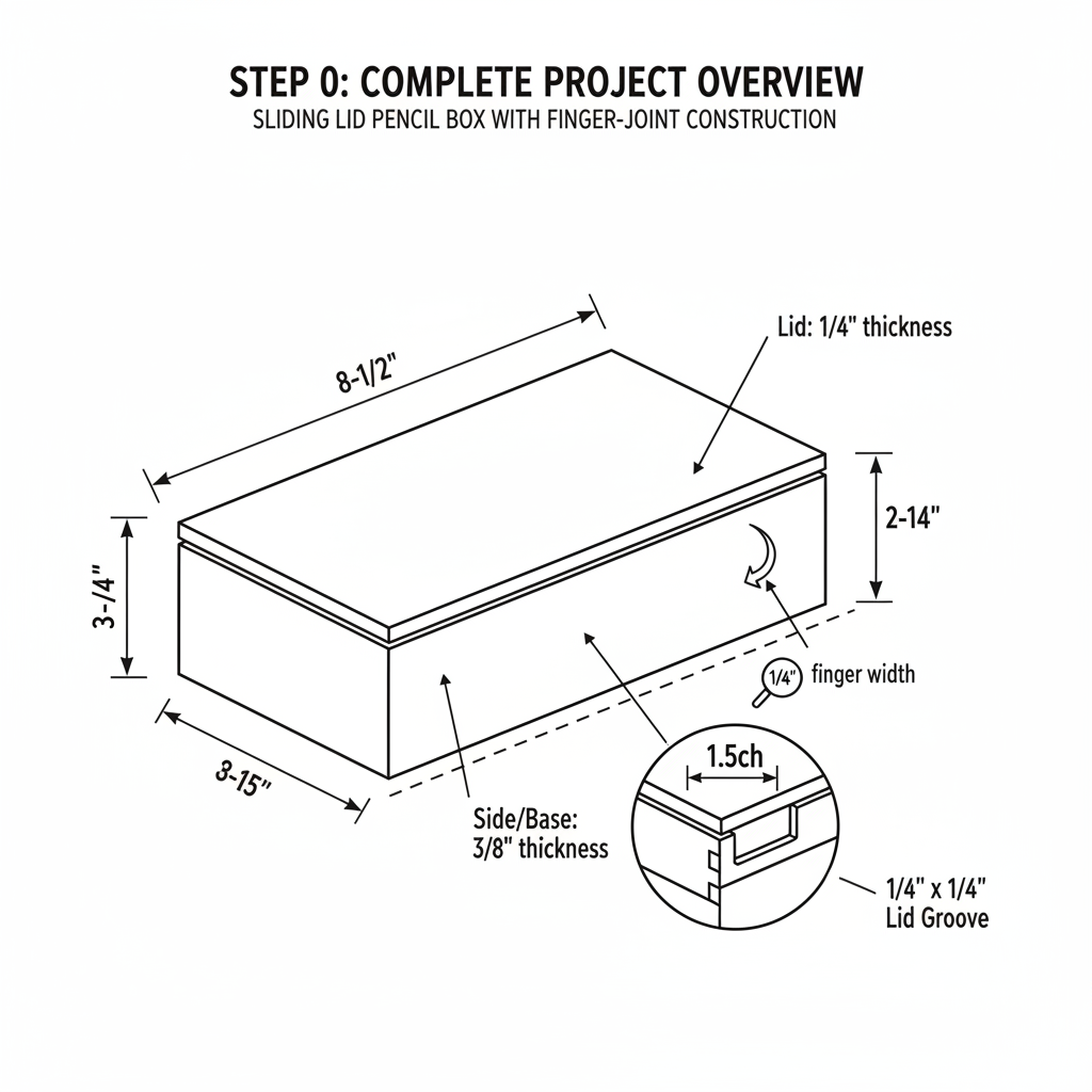 Sliding lid pencil box with finger-joint construction