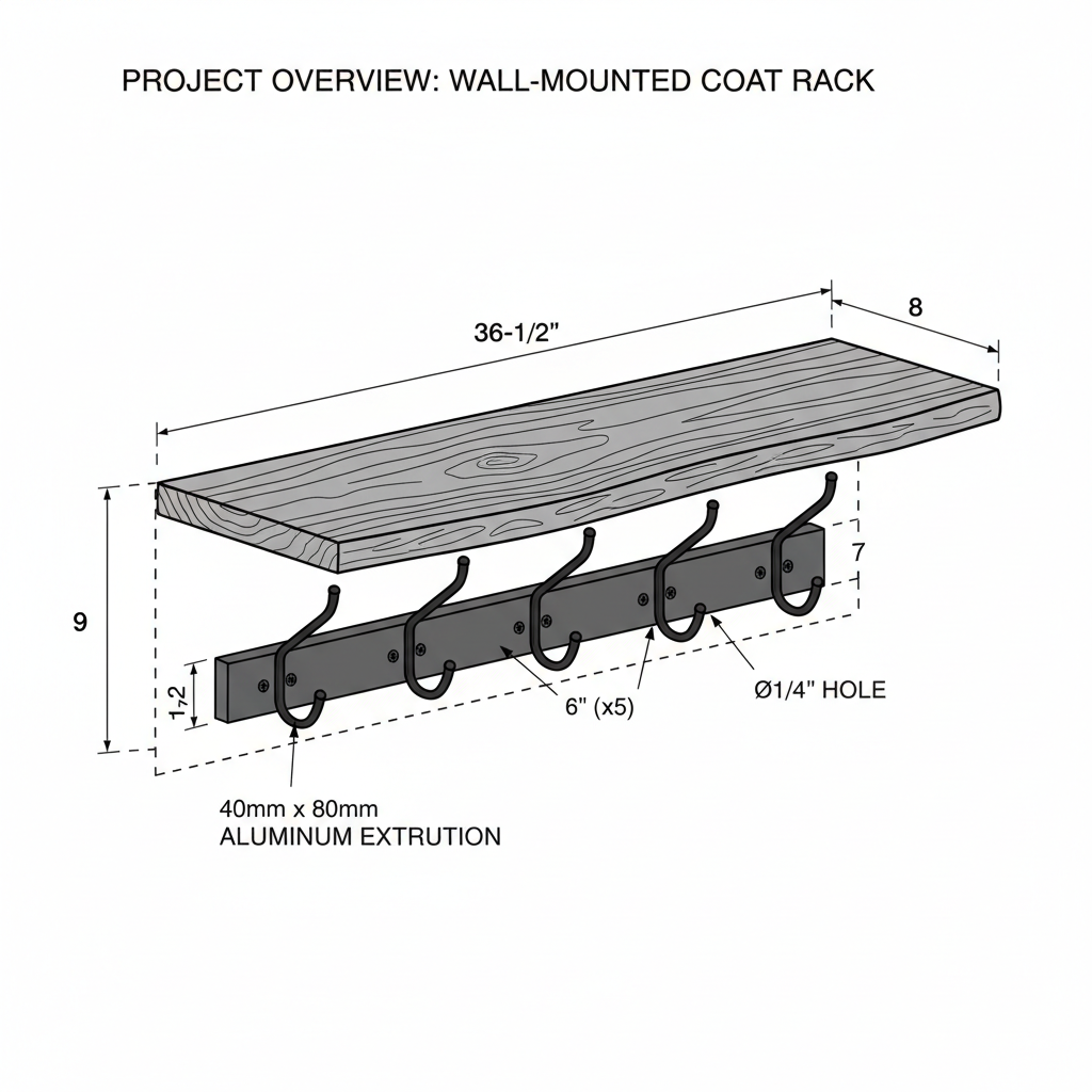 Wall-mounted coat rack with live edge walnut shelf