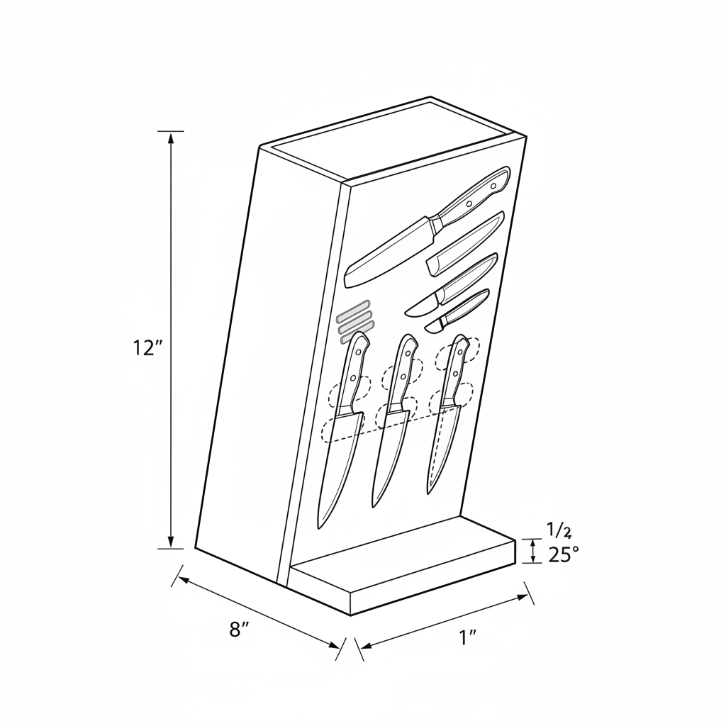 Wooden knife block with angled magnetic slots for kitchen knives