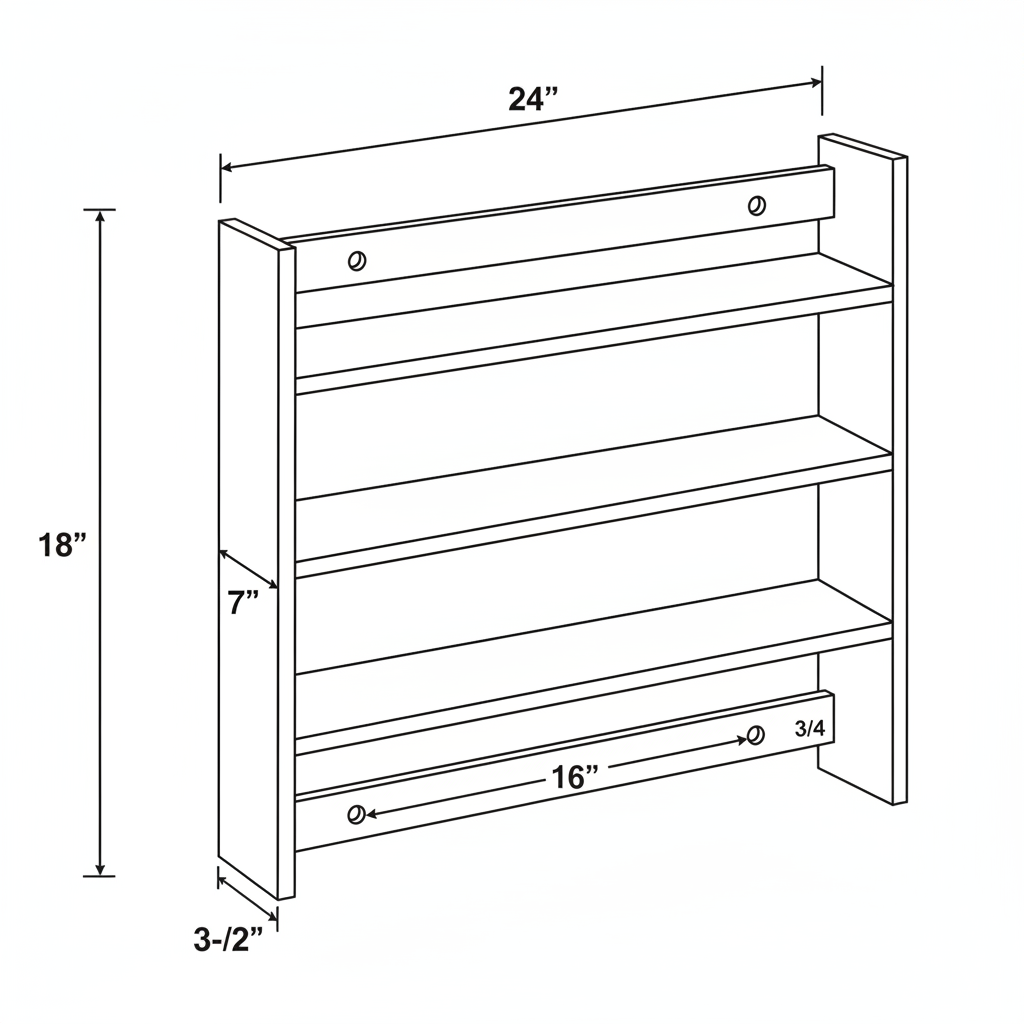 A simple wall-mounted spice rack with 3 shelves, made from pine, 24 inches wide