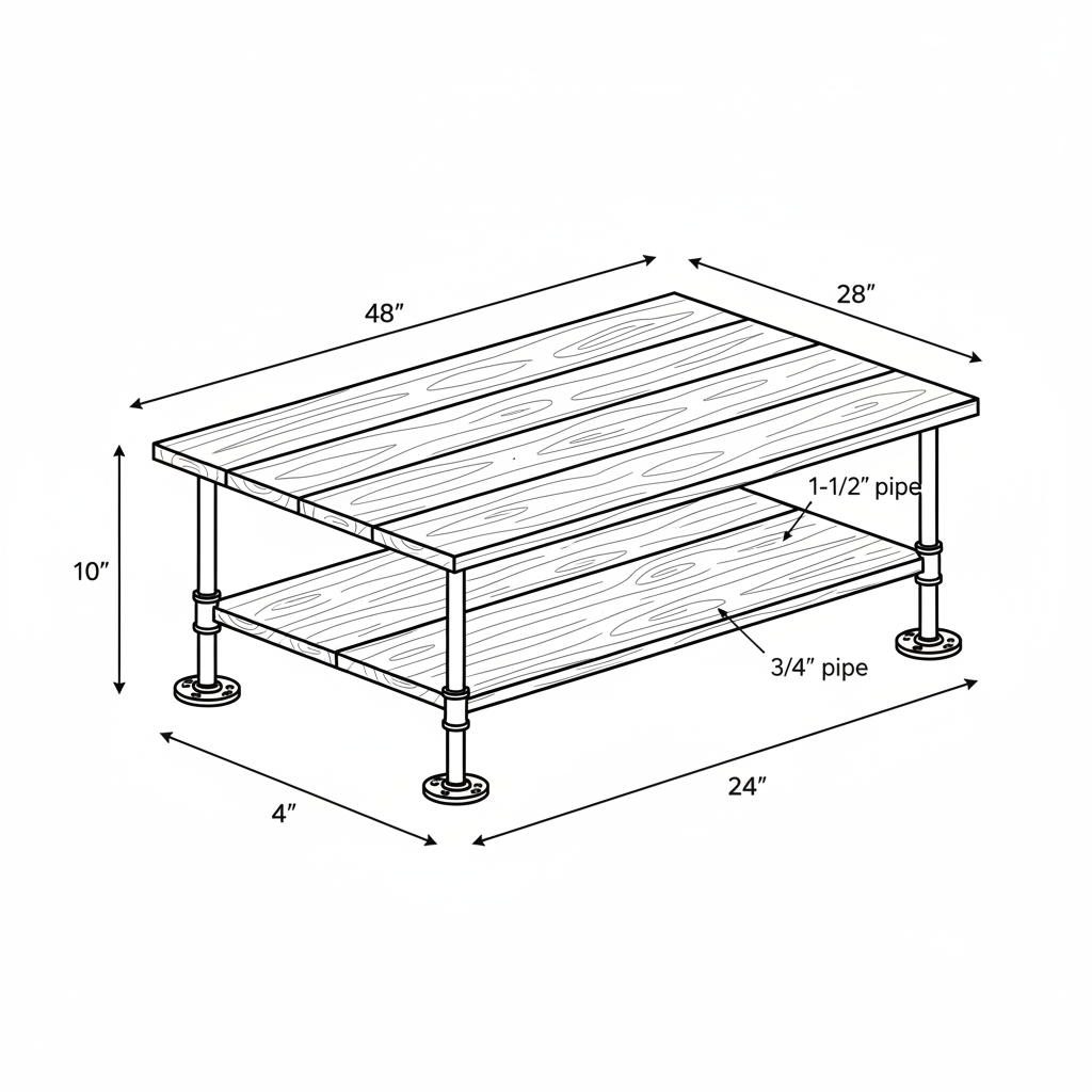 Industrial pipe and reclaimed wood coffee table with lower shelf