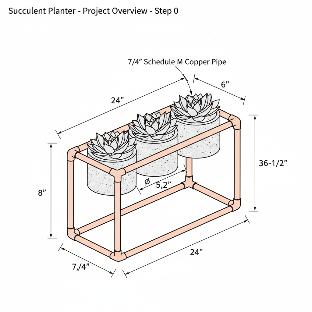 Succulent planter with copper pipe frame and concrete pots