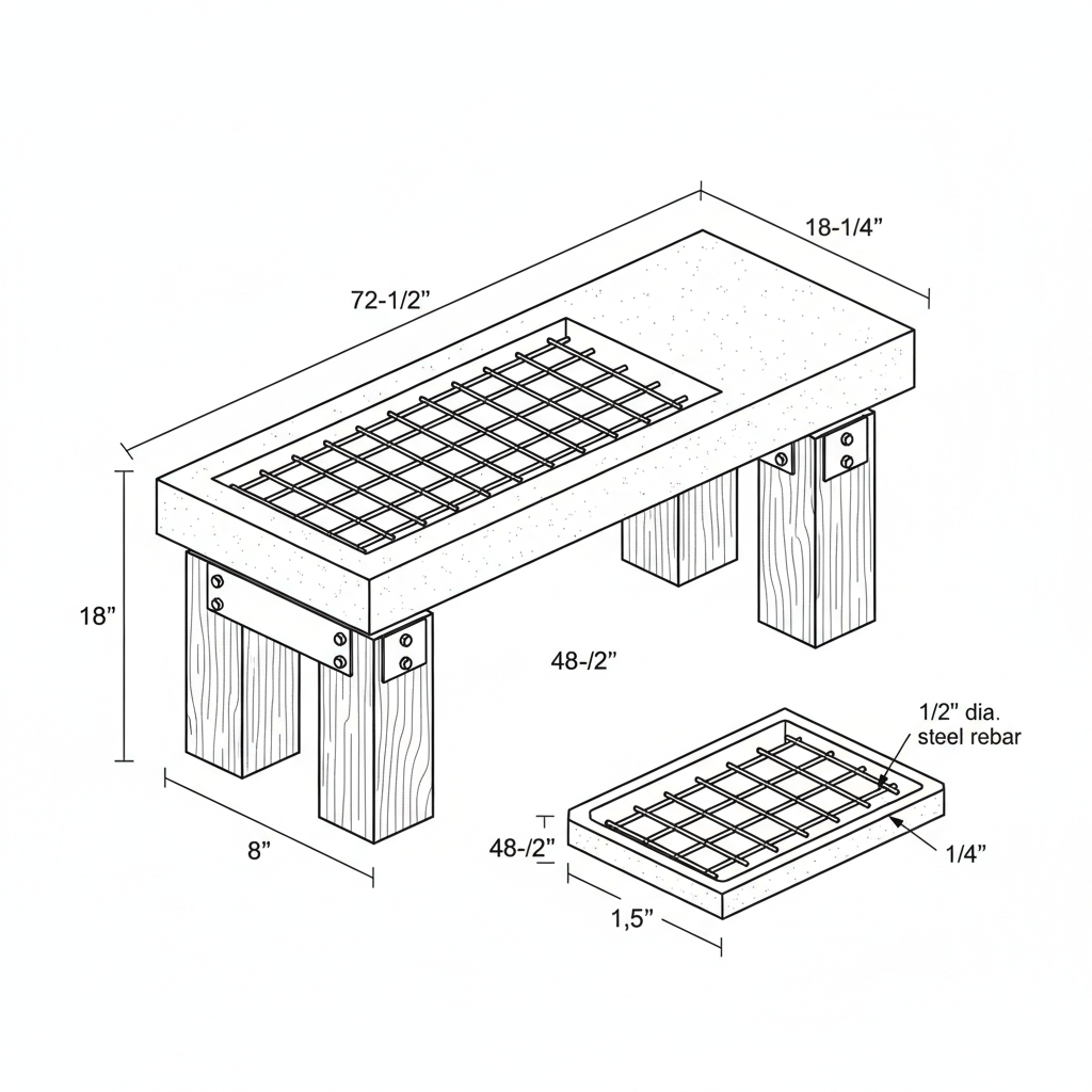 Concrete and wood bench with steel reinforcement