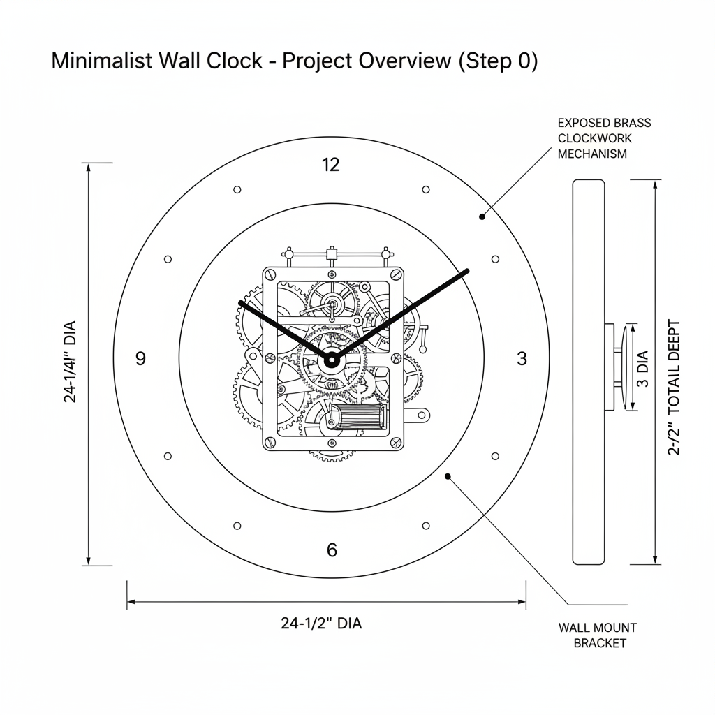 Minimalist wall clock with exposed brass clockwork mechanism