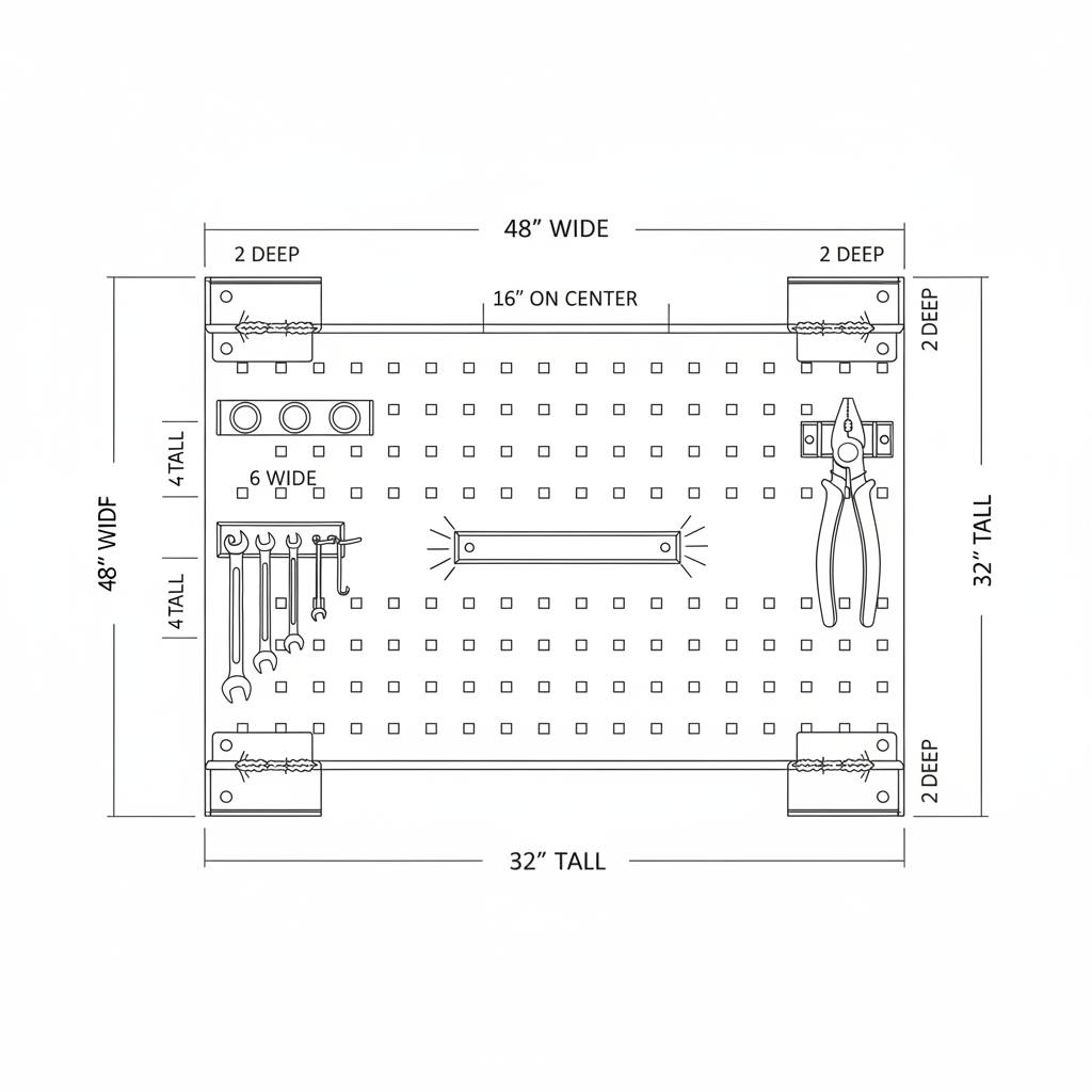 Welded steel tool holder panel for shop wall
