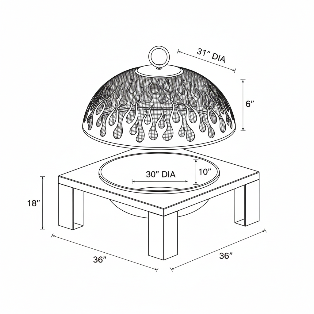 Metal fire pit with decorative spark screen lid